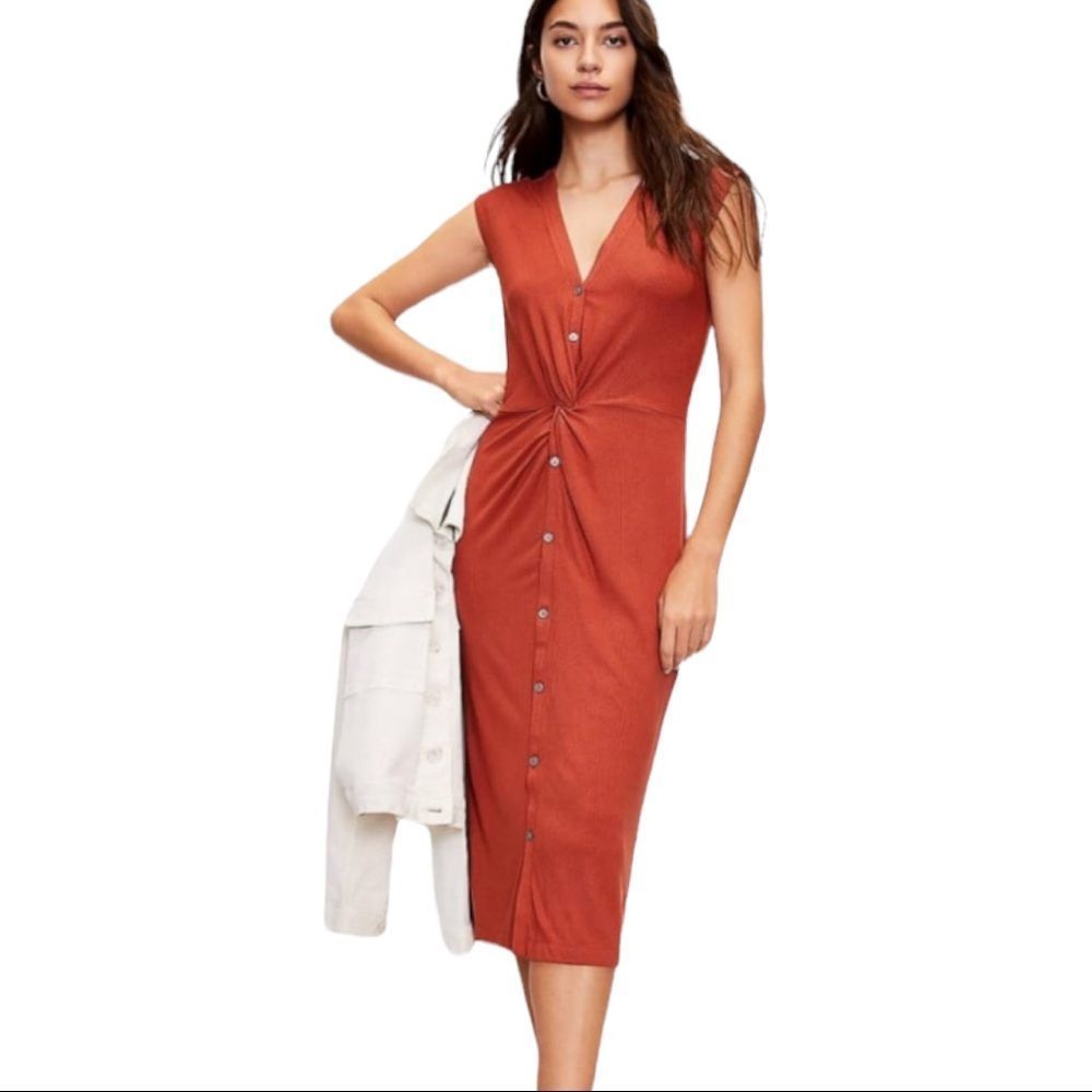 NWT LOFT Rust Orange Henley Twist Midi Dress L